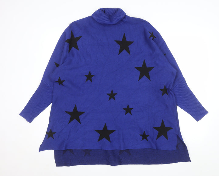Colour Eighteen Women Blue Star Roll Neck Long Sleeve Relaxed Jumper M