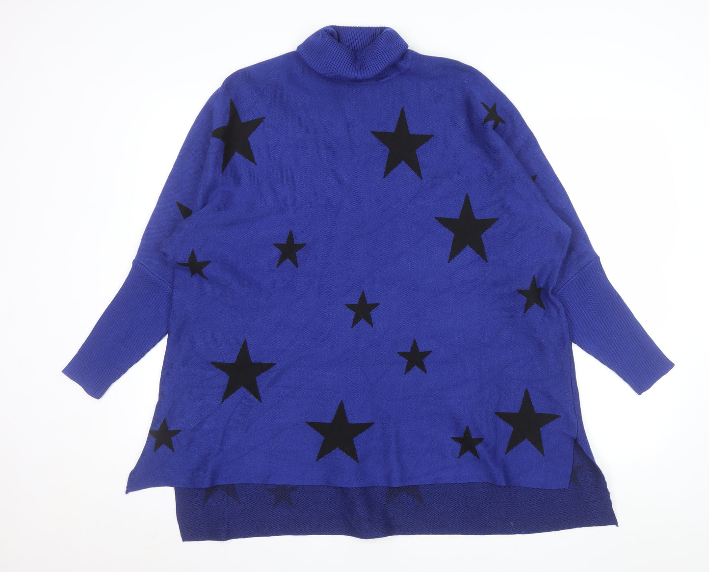 Colour Eighteen Women Blue Star Roll Neck Long Sleeve Relaxed Jumper M