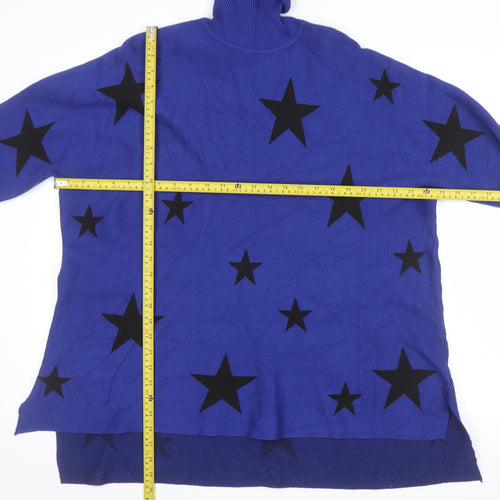 Colour Eighteen Women Blue Star Roll Neck Long Sleeve Relaxed Jumper M