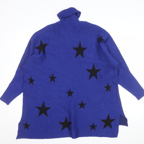 Colour Eighteen Women Blue Star Roll Neck Long Sleeve Relaxed Jumper M