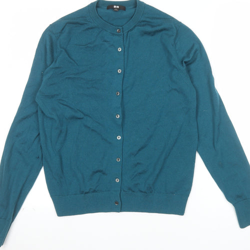 Uniqlo Women's Green Lambswool Cardigan M Crew Neck