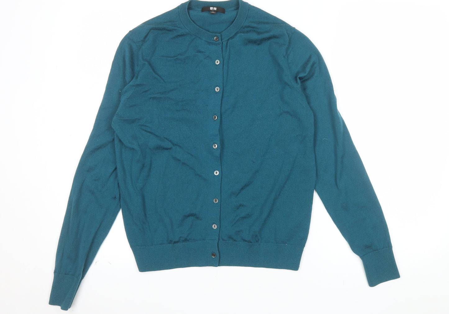 Uniqlo Women's Green Lambswool Cardigan M Crew Neck
