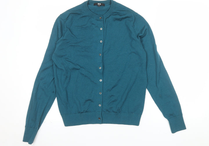 Uniqlo Women's Green Lambswool Cardigan M Crew Neck