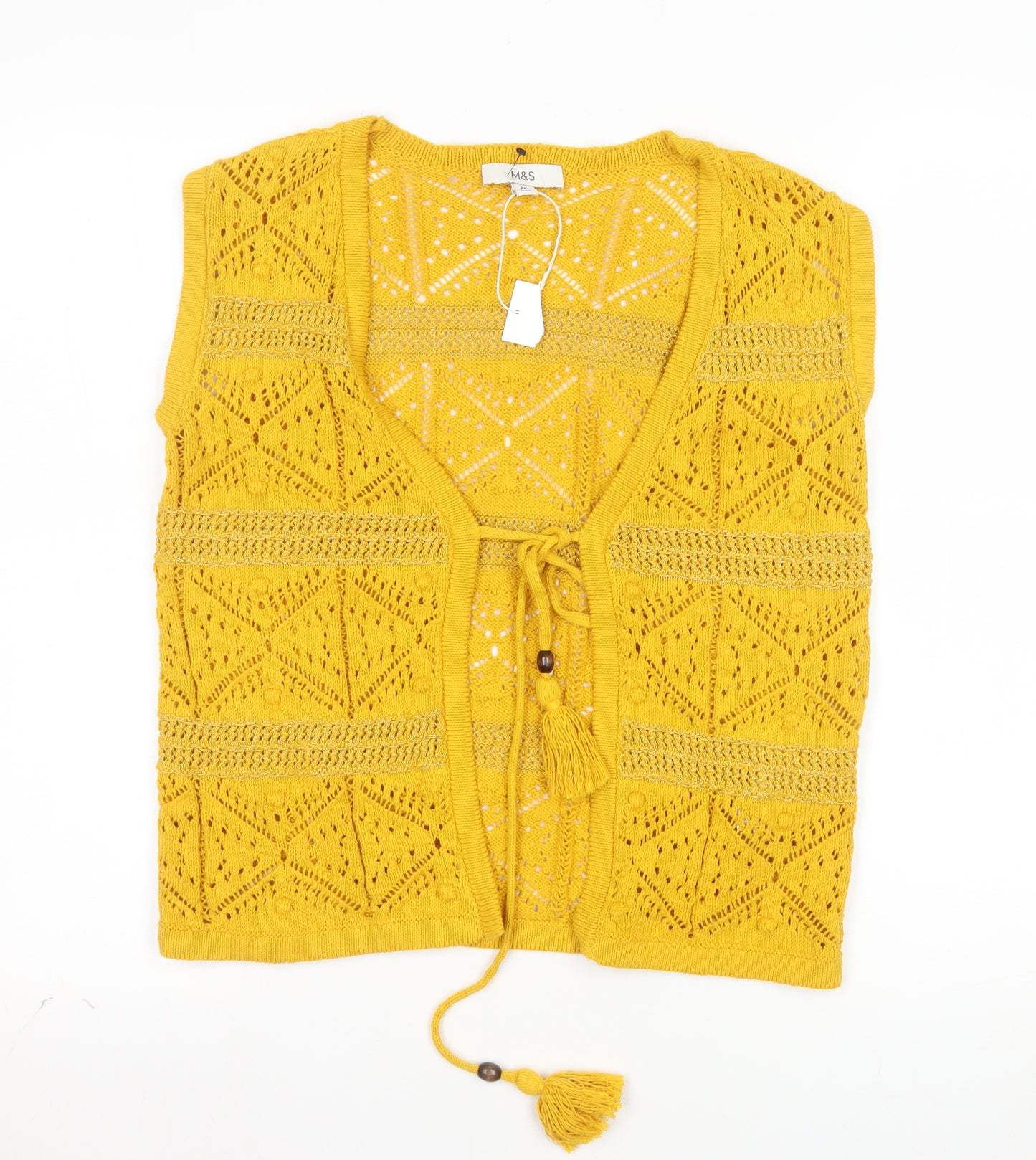 Marks and Spencer Women’s Yellow Open-Knit Crochet Tasselled Vest XS