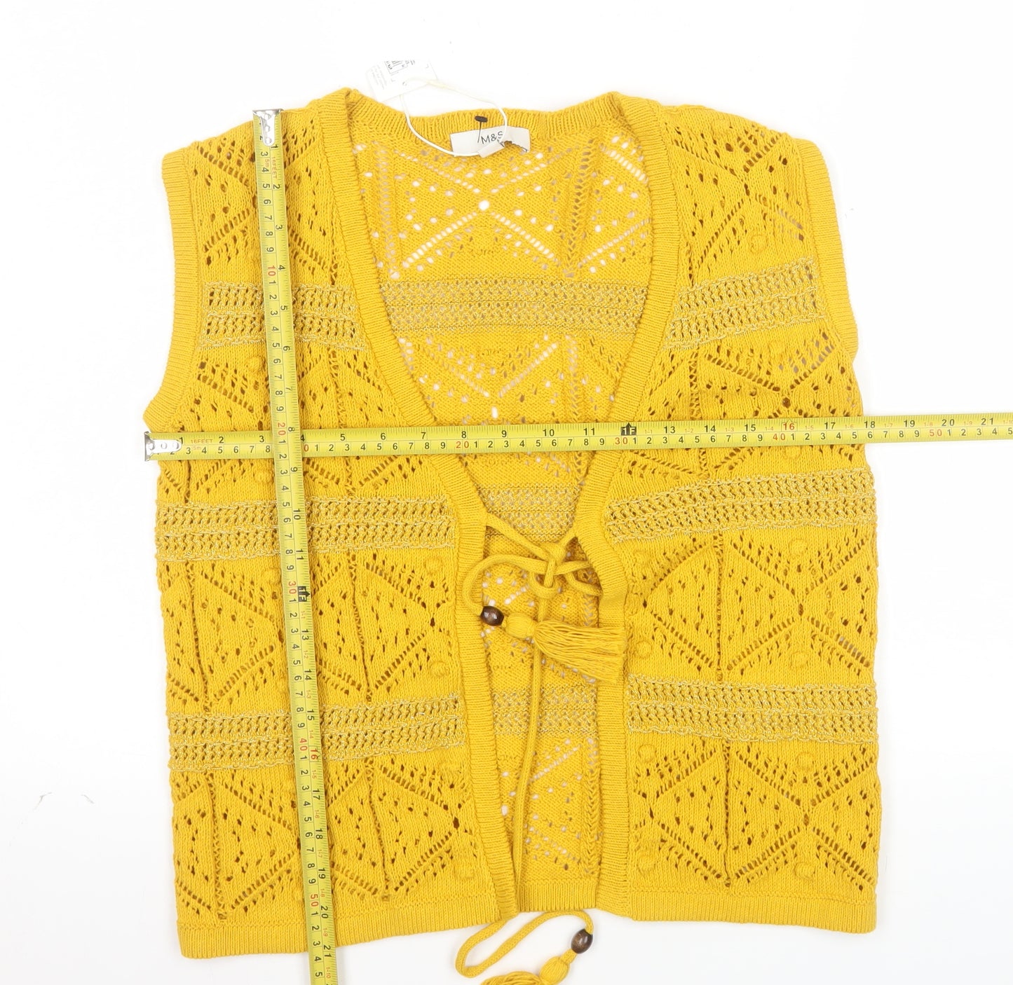 Marks and Spencer Women’s Yellow Open-Knit Crochet Tasselled Vest XS