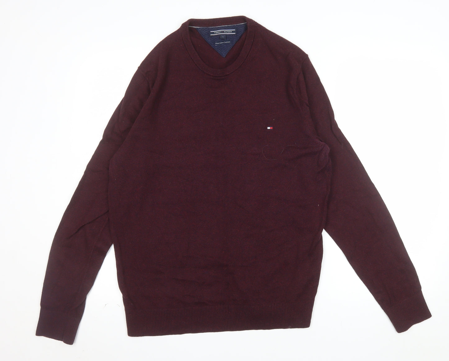 Tommy Hilfiger Men's Burgundy L Pullover Jumper Pima Cotton Cashmere Crew Neck