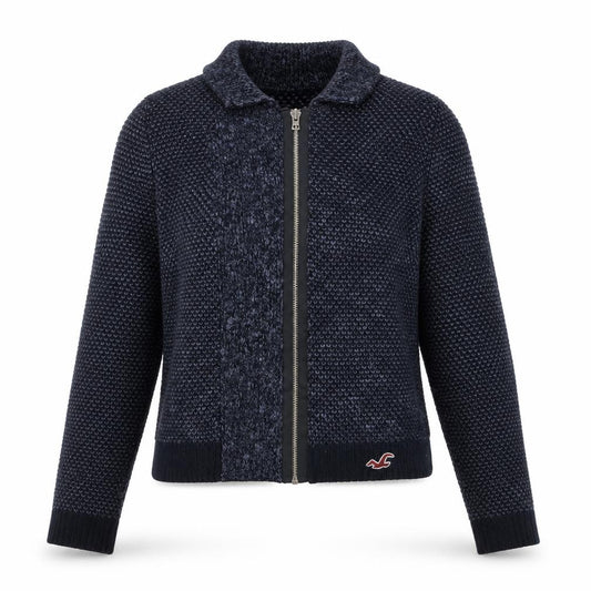 Front view of Hollister women’s blue full zip knit cardigan small classic fit