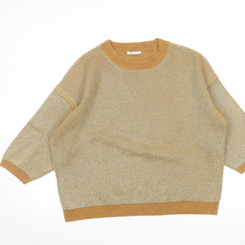 Tu Women Gold Metallic Knit Crew Neck Pullover Jumper Size 20