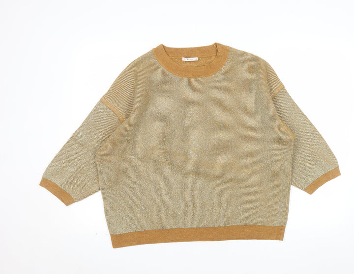 Tu Women Gold Metallic Knit Crew Neck Pullover Jumper Size 20