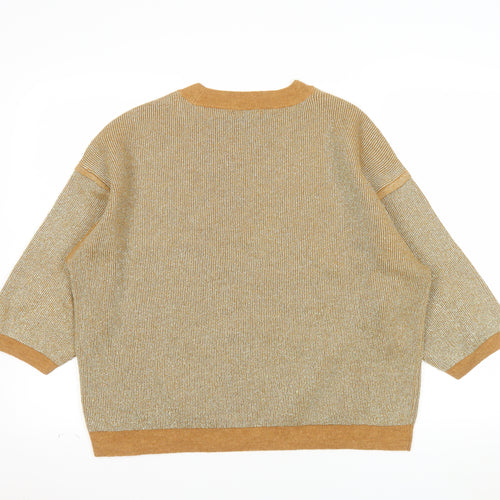 Tu Women Gold Metallic Knit Crew Neck Pullover Jumper Size 20
