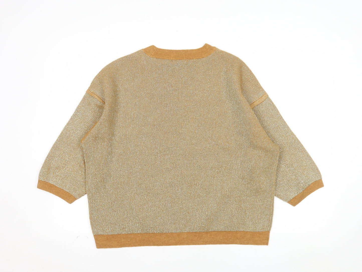 Tu Women Gold Metallic Knit Crew Neck Pullover Jumper Size 20