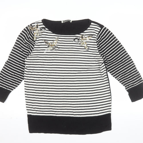 Oasis Women’s Black Striped Bird Jumper L Embroidered Sequin Knit