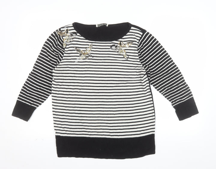 Oasis Women’s Black Striped Bird Jumper L Embroidered Sequin Knit