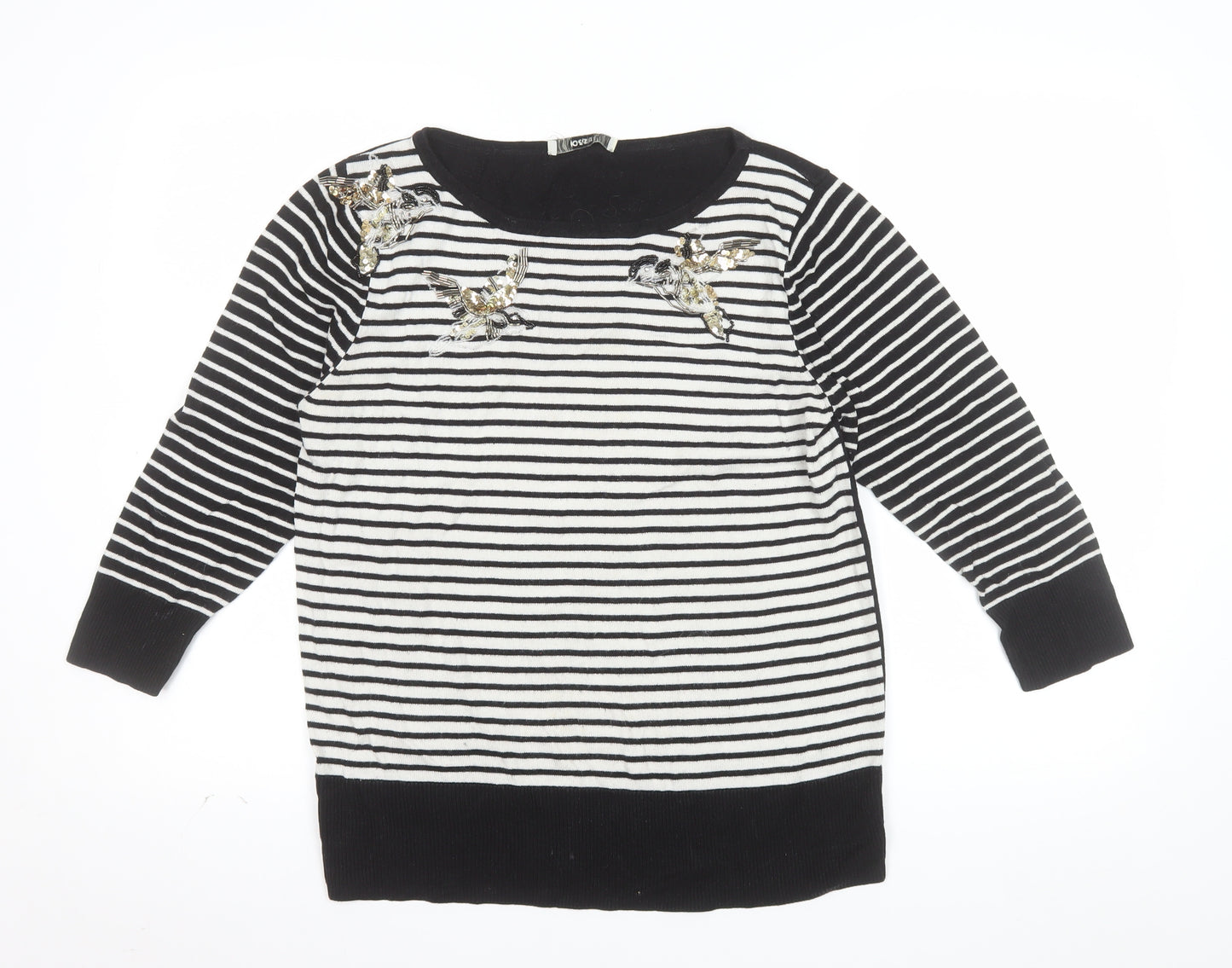 Oasis Women’s Black Striped Bird Jumper L Embroidered Sequin Knit