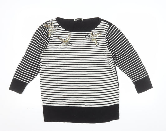 Oasis Women’s Black Striped Bird Jumper L Embroidered Sequin Knit