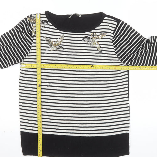 Oasis Women’s Black Striped Bird Jumper L Embroidered Sequin Knit