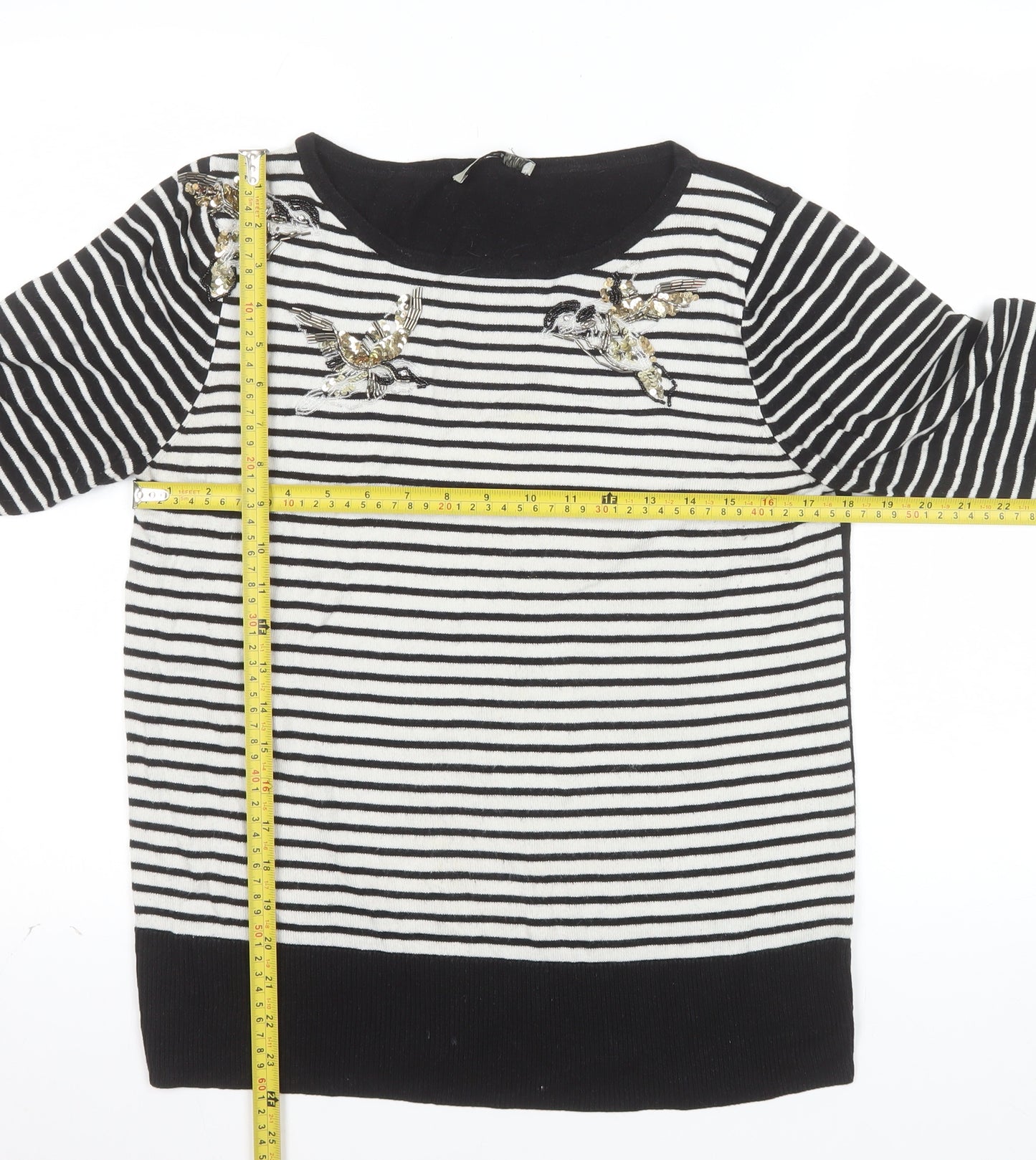 Oasis Women’s Black Striped Bird Jumper L Embroidered Sequin Knit