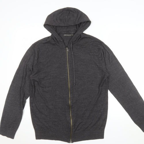 French Connection Men's Grey Wool Full Zip Hooded Jumper Size L