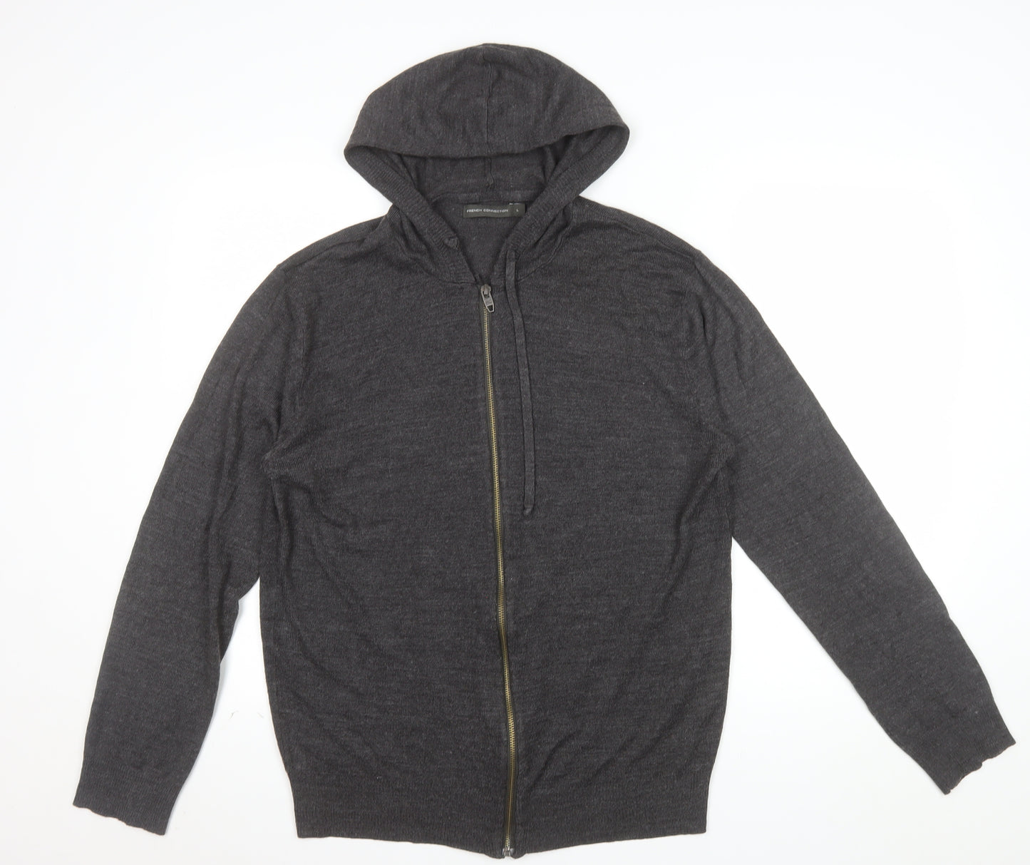 French Connection Men's Grey Wool Full Zip Hooded Jumper Size L