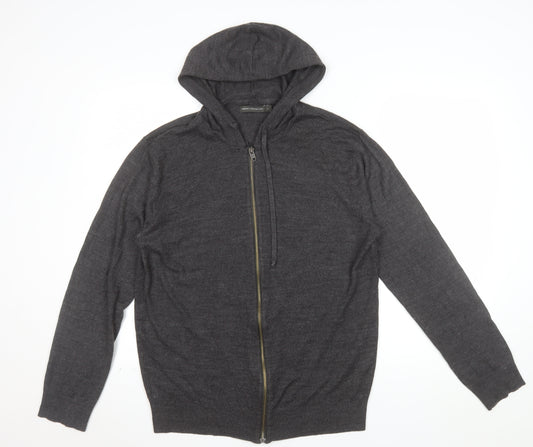 French Connection Men's Grey Wool Full Zip Hooded Jumper Size L