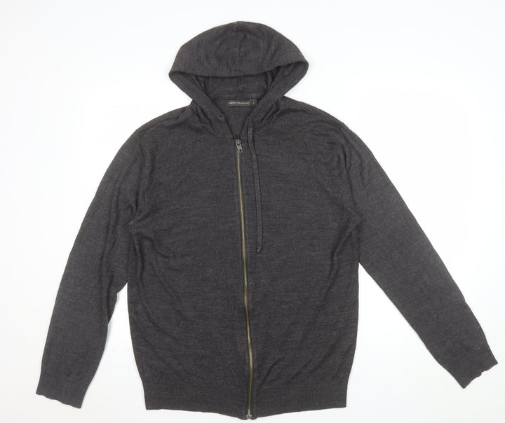 French Connection Men's Grey Wool Full Zip Hooded Jumper Size L