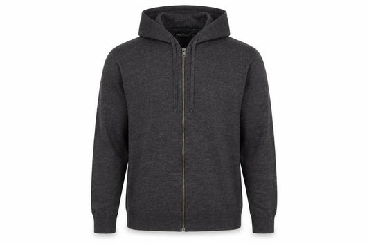 Front view of French Connection Men's Grey Wool Full Zip Hooded Jumper, size L