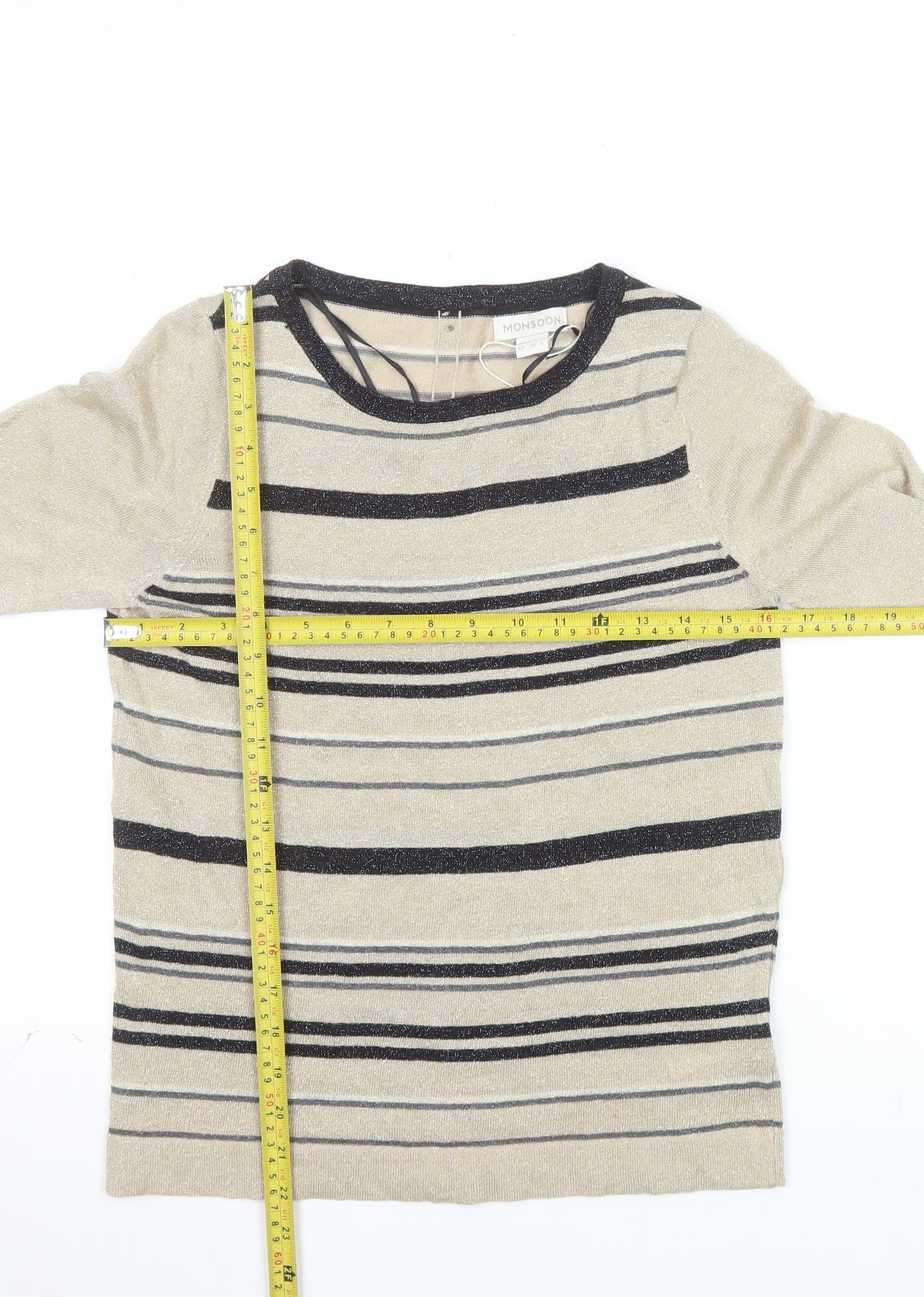 Monsoon Women Beige Striped Knit Long Sleeve Top Size 10