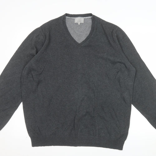 Marks and Spencer Men's Grey Cotton V-Neck Jumper L Regular Fit
