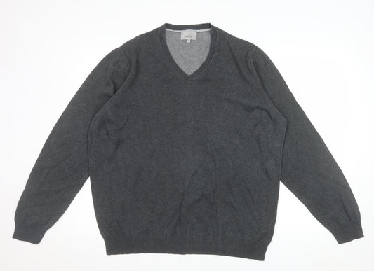 Marks and Spencer Men's Grey Cotton V-Neck Jumper L Regular Fit