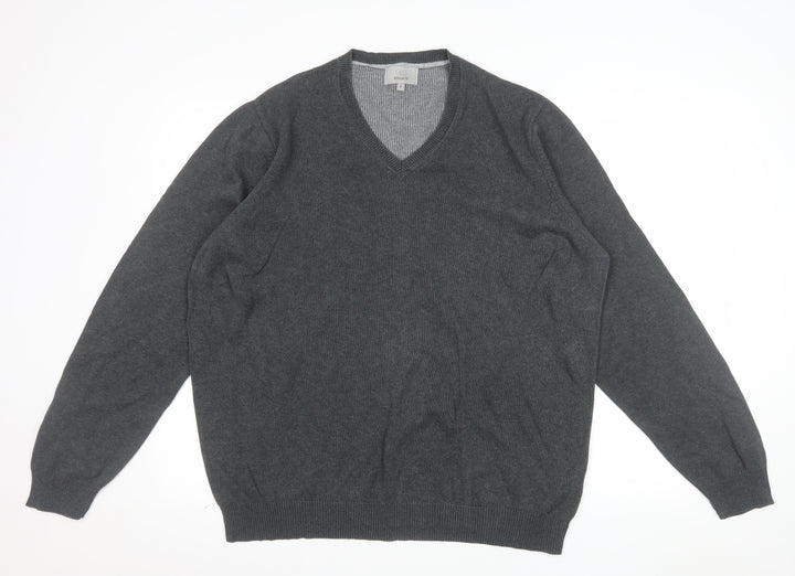 Marks and Spencer Men's Grey Cotton V-Neck Jumper L Regular Fit