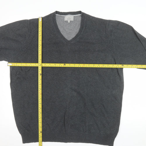 Marks and Spencer Men's Grey Cotton V-Neck Jumper L Regular Fit