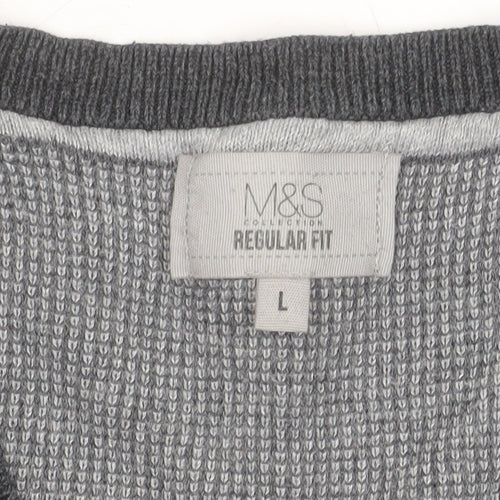 Marks and Spencer Men's Grey Cotton V-Neck Jumper L Regular Fit