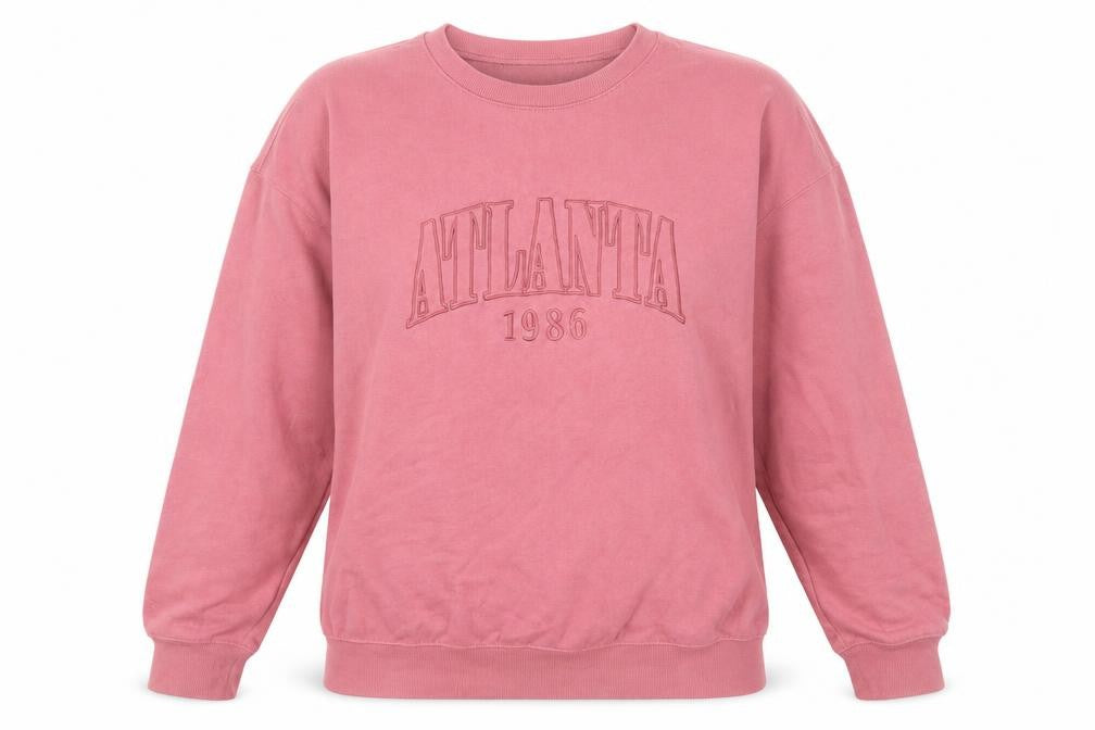 Front view of New Look women’s pink atlanta 1986 pullover sweatshirt, size M