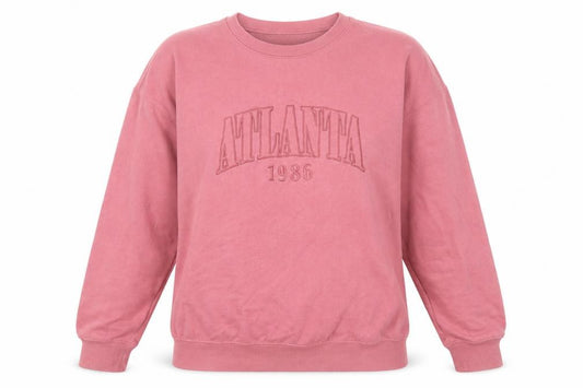 Front view of New Look women’s pink atlanta 1986 pullover sweatshirt, size M