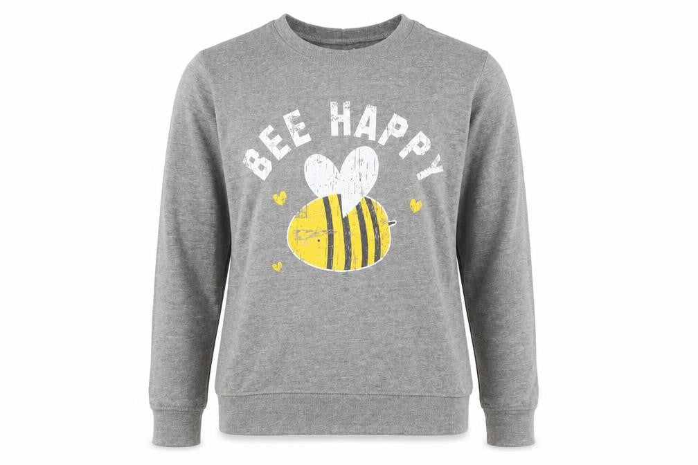 Front view of Batch1 Women's Grey Bee Happy Pullover Sweatshirt, size M
