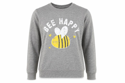 Front view of Batch1 Women's Grey Bee Happy Pullover Sweatshirt, size M