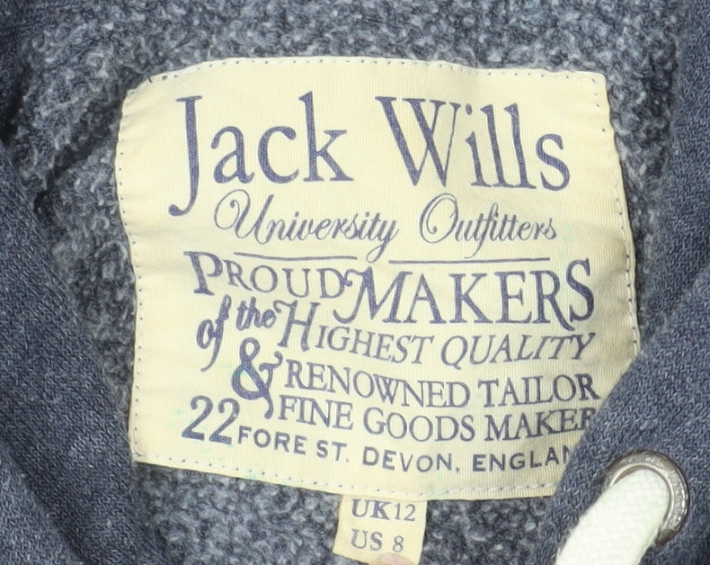 Jack Wills Womens Blue Full Zip Hoodie Size 12 Cotton Blend Casual