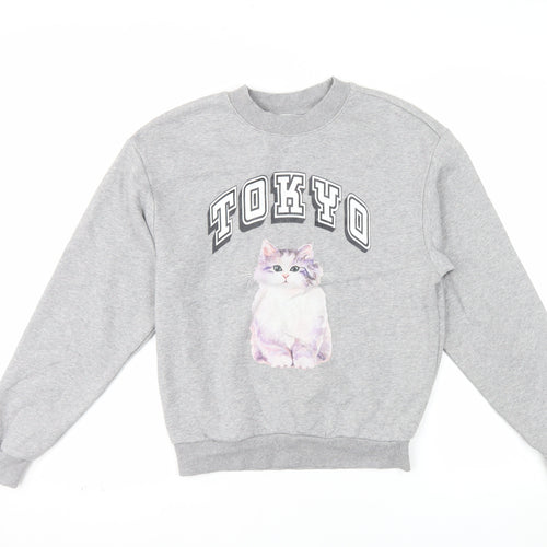 Monki Women Grey TOKYO Cat Print Pullover Sweatshirt XXS