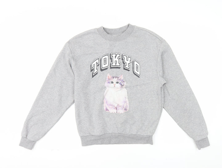 Monki Women Grey TOKYO Cat Print Pullover Sweatshirt XXS