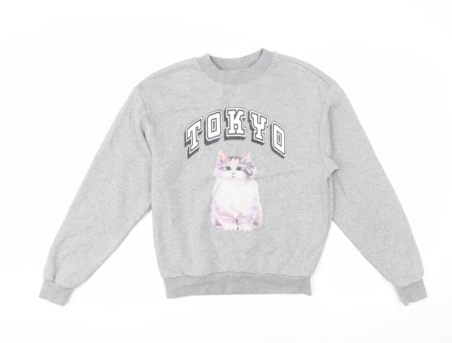 Monki Women Grey TOKYO Cat Print Pullover Sweatshirt XXS