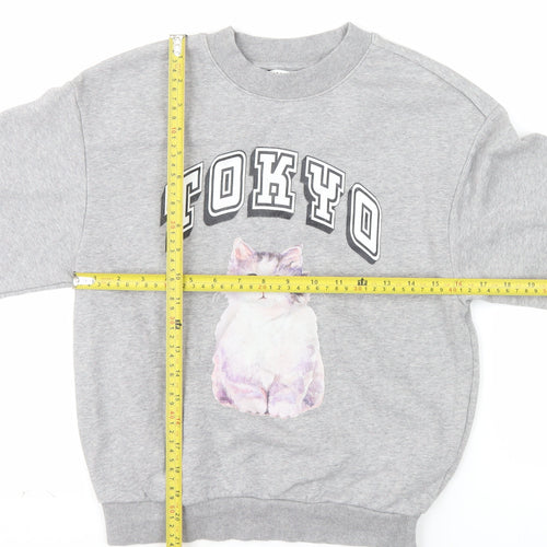 Monki Women Grey TOKYO Cat Print Pullover Sweatshirt XXS