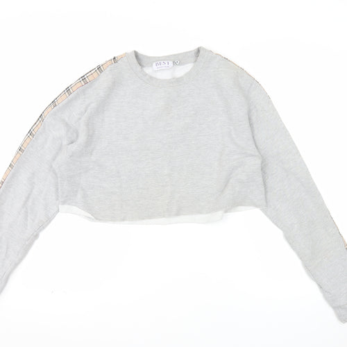 BEST Women Grey Checked Sleeve Cropped Pullover Sweatshirt M