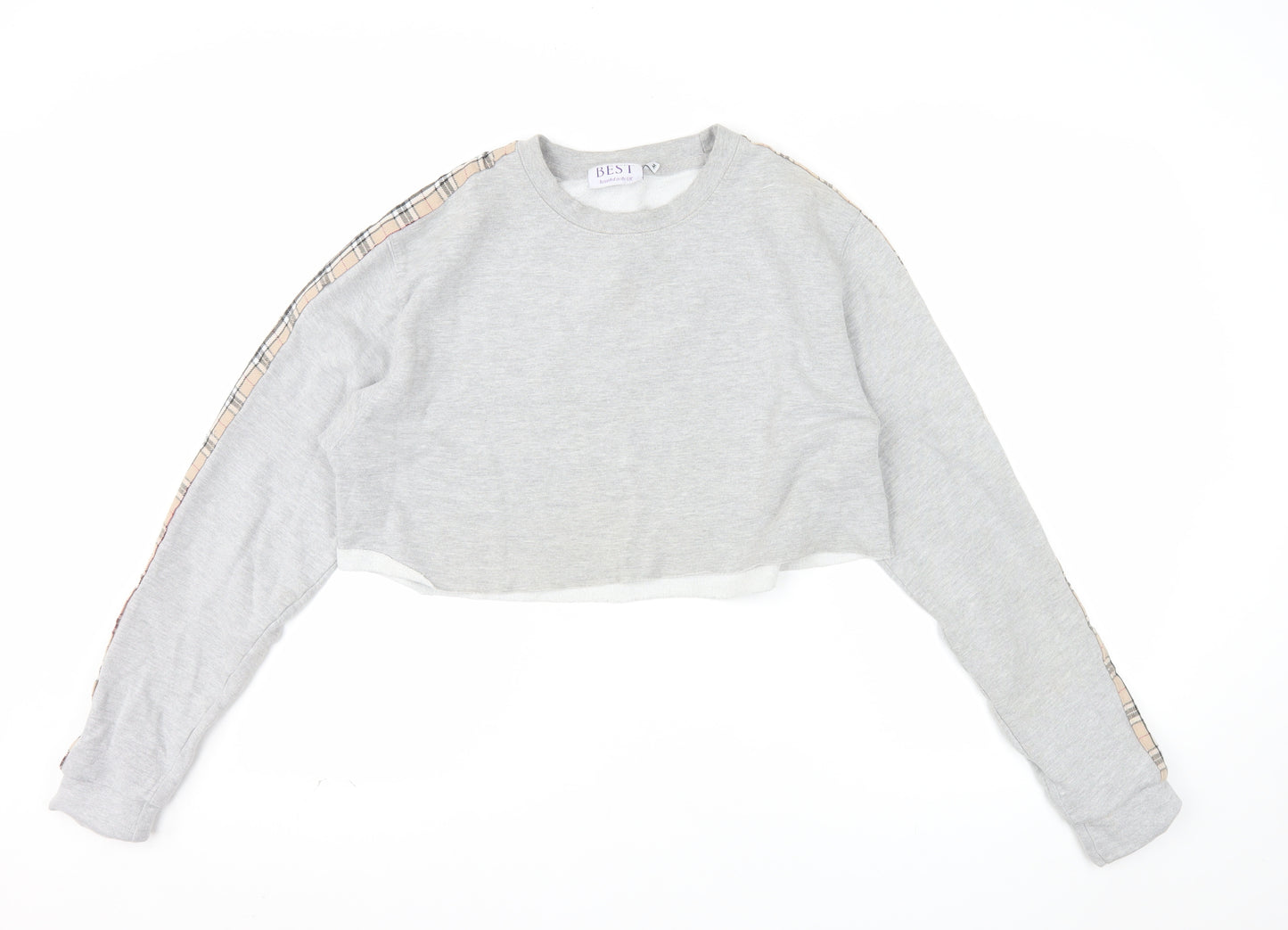 BEST Women Grey Checked Sleeve Cropped Pullover Sweatshirt M