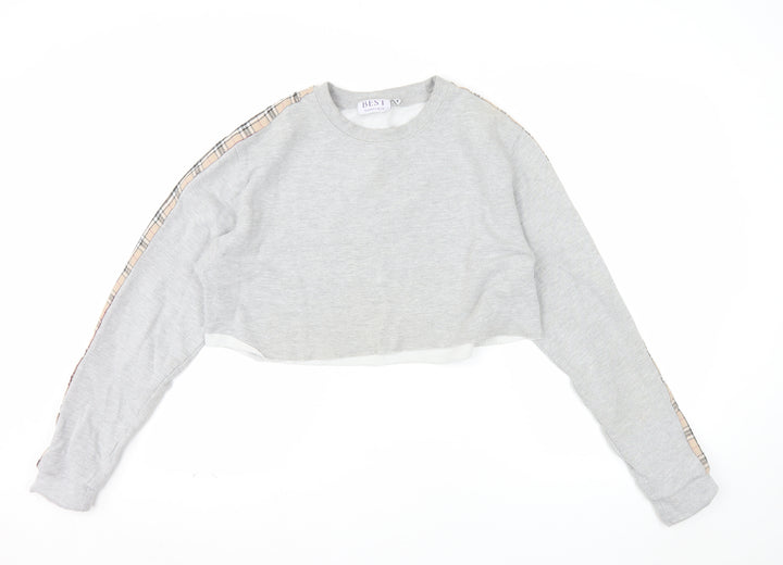 BEST Women Grey Checked Sleeve Cropped Pullover Sweatshirt M