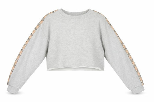 Front view of Best Women Grey Checked Sleeve Cropped Pullover Sweatshirt M