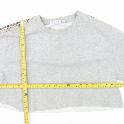BEST Women Grey Checked Sleeve Cropped Pullover Sweatshirt M