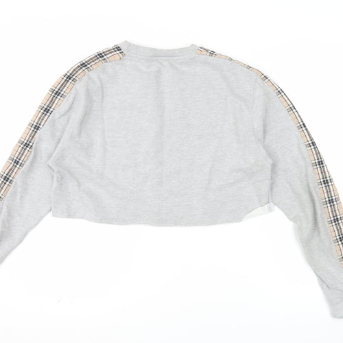 BEST Women Grey Checked Sleeve Cropped Pullover Sweatshirt M