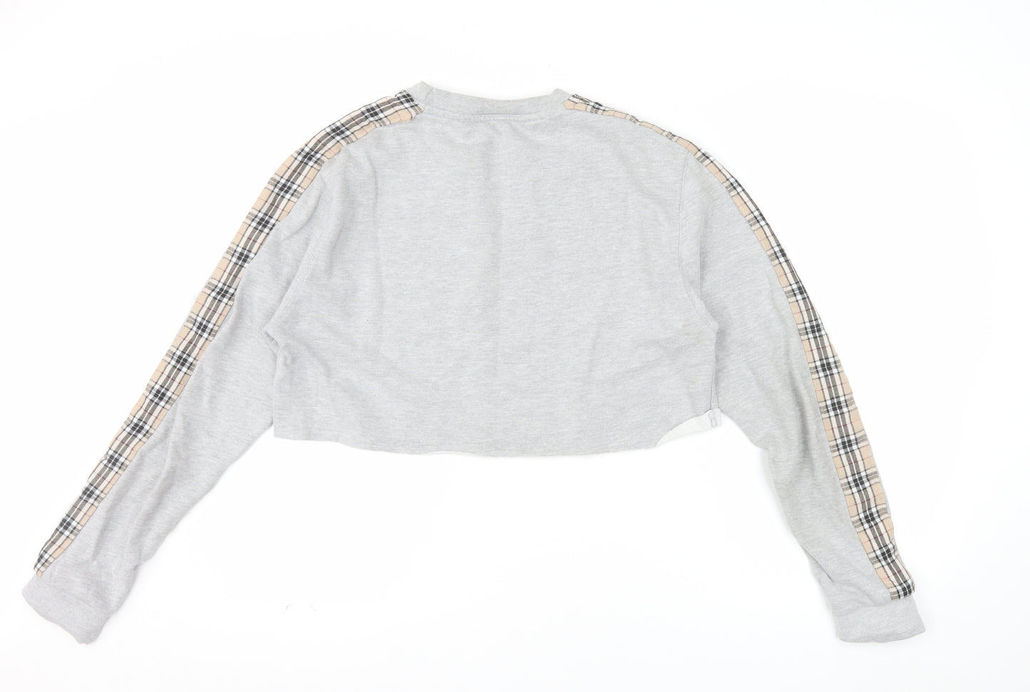 BEST Women Grey Checked Sleeve Cropped Pullover Sweatshirt M