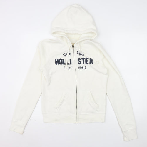 Hollister Women’s White Full Zip Hoodie Medium Cotton Blend Embroidered