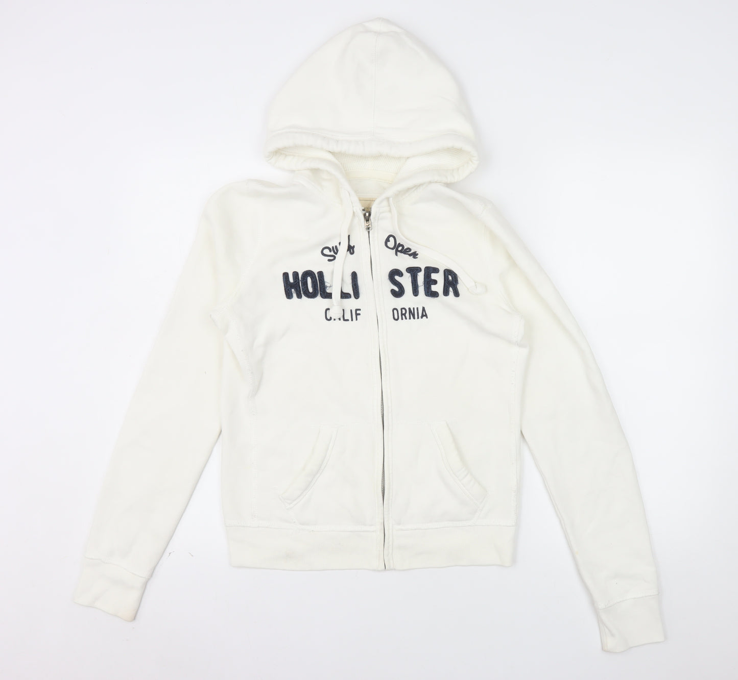 Hollister Women’s White Full Zip Hoodie Medium Cotton Blend Embroidered